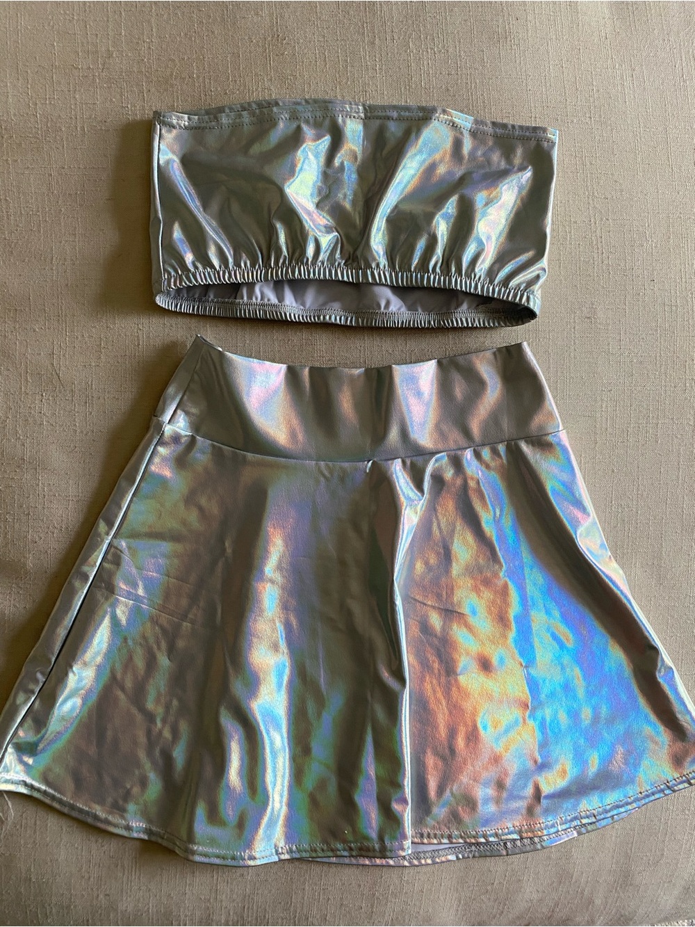 Holographic Silver Bandeau Top + Skater Skirt Set - Picture 1 of 6